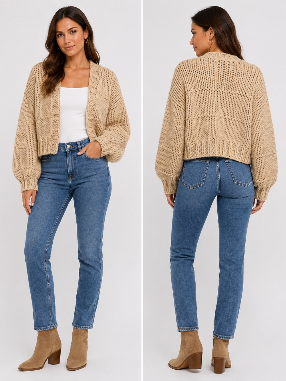 Sage Neutral Beige Chunky Open Knit Cardigan